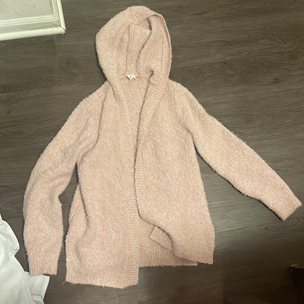 SO fuzzy pink cardigan sweater with hood
